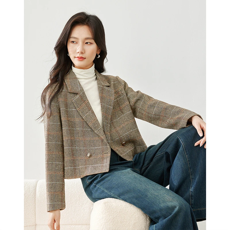 梵希蔓杏咖色文艺英伦风格纹短外套女新款通勤夹棉上衣M6032