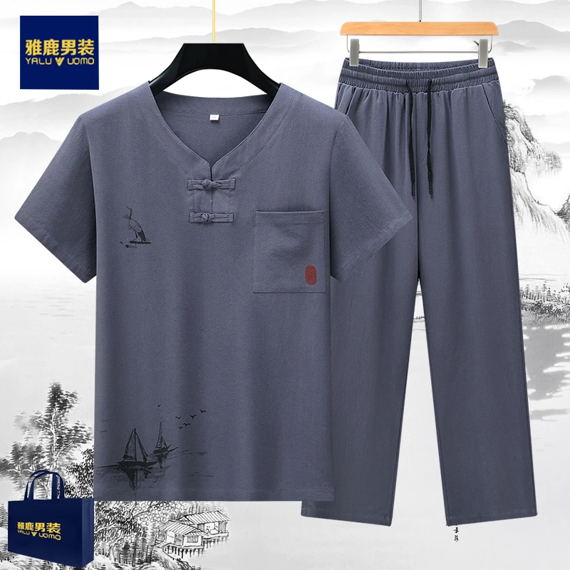 雅鹿男装爸爸夏装纯棉套装中老年唐装男士短袖中国风爷爷休闲衣服