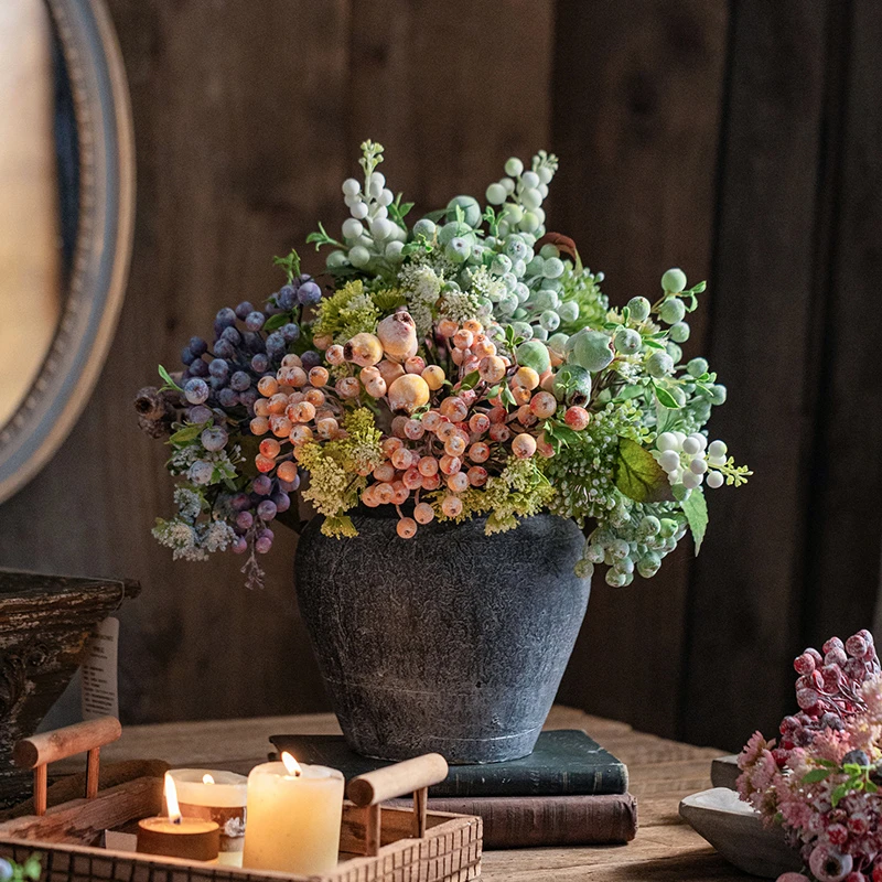 蓝莓果假花仿真花摆设布景道具客厅餐厅家用干花花束玄关装饰【荐】