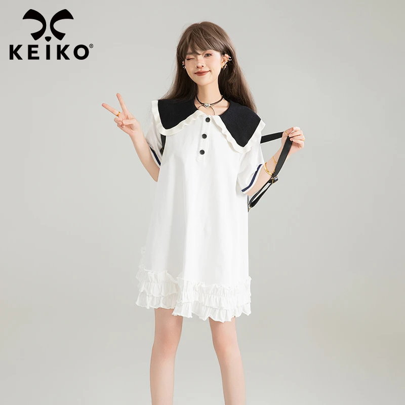 KEIKO 航海风白色短袖连衣裙夏季天才少女风褶花荷叶边polo领裙子