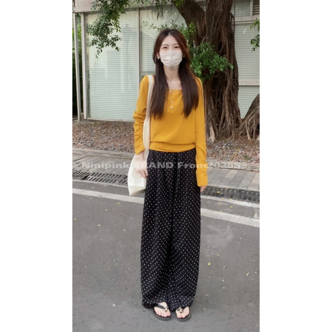 6313庄不腻早春新款【珍珠波波】韩版波点休闲裤高腰直筒显瘦阔腿裤