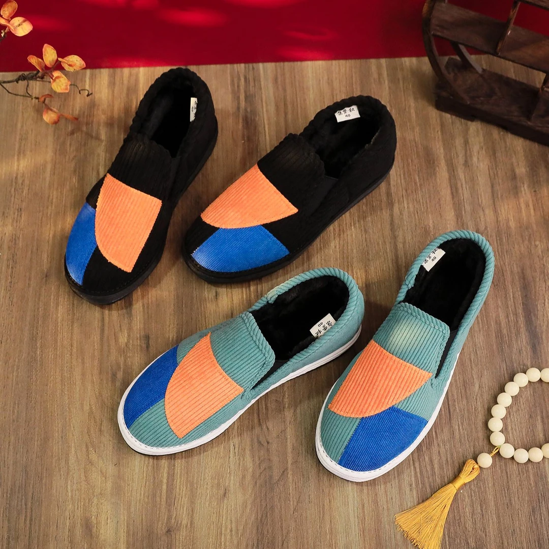 京紫红拼接中高帮加绒加厚千层底男女布鞋居家一脚蹬防滑冬软底