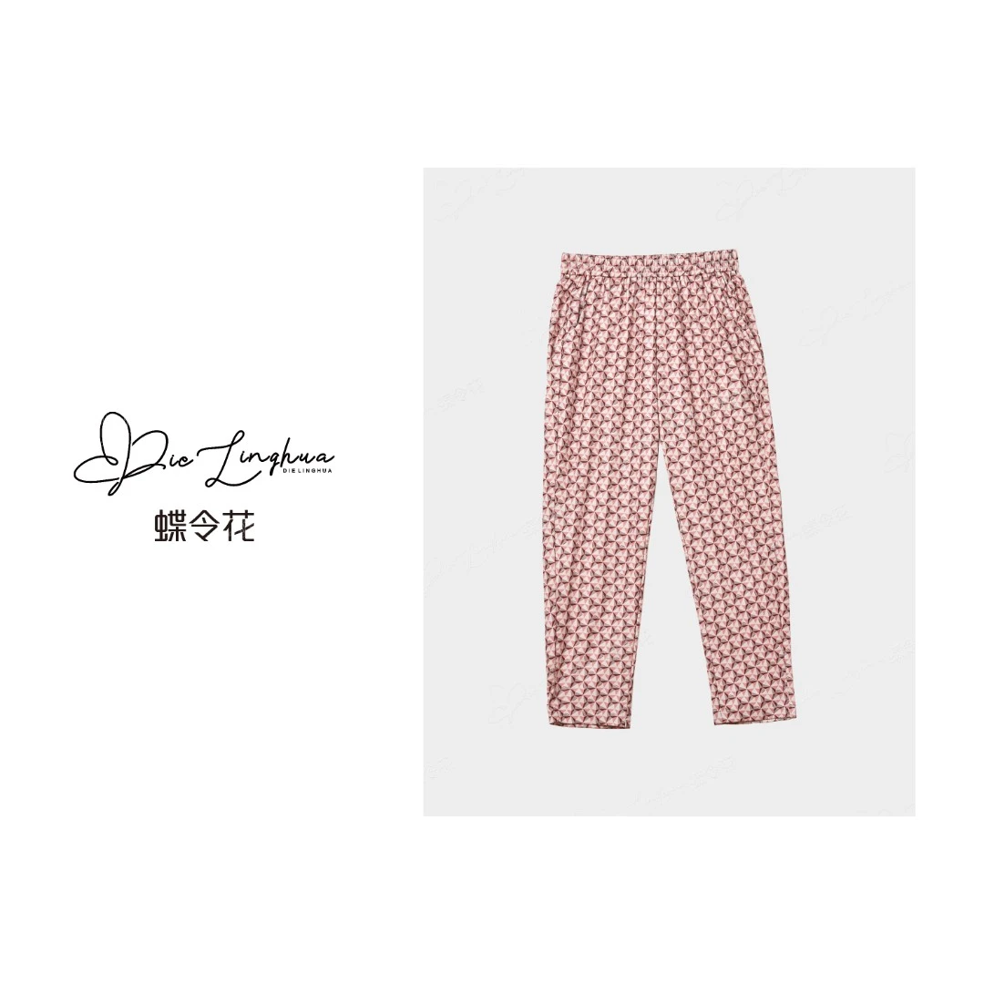蝶令花夏季薄款欧若风时尚三角几何图印花休闲松紧腰女裤X-252089