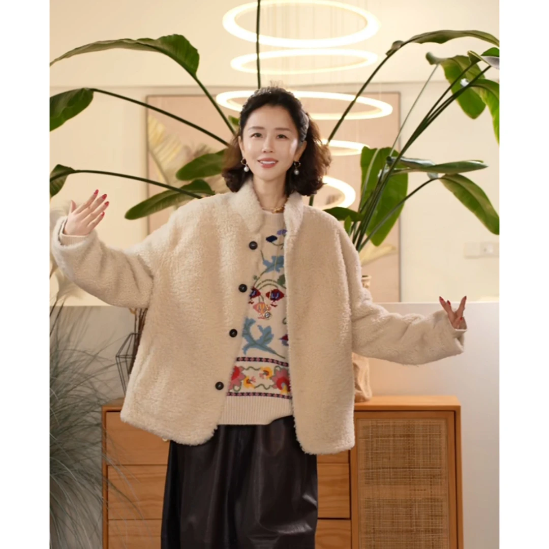 T 【叭哒不惑】加州梦 羊皮毛一体立领卷毛外套女宽松百