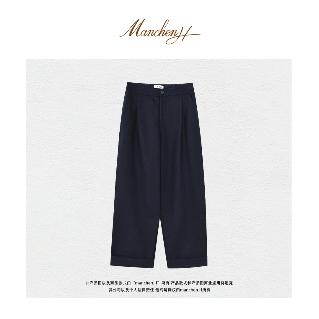 Manchenh"高阶精英羊毛裤"进口高密斜纹羊毛呢卷边九分裤（半松紧）