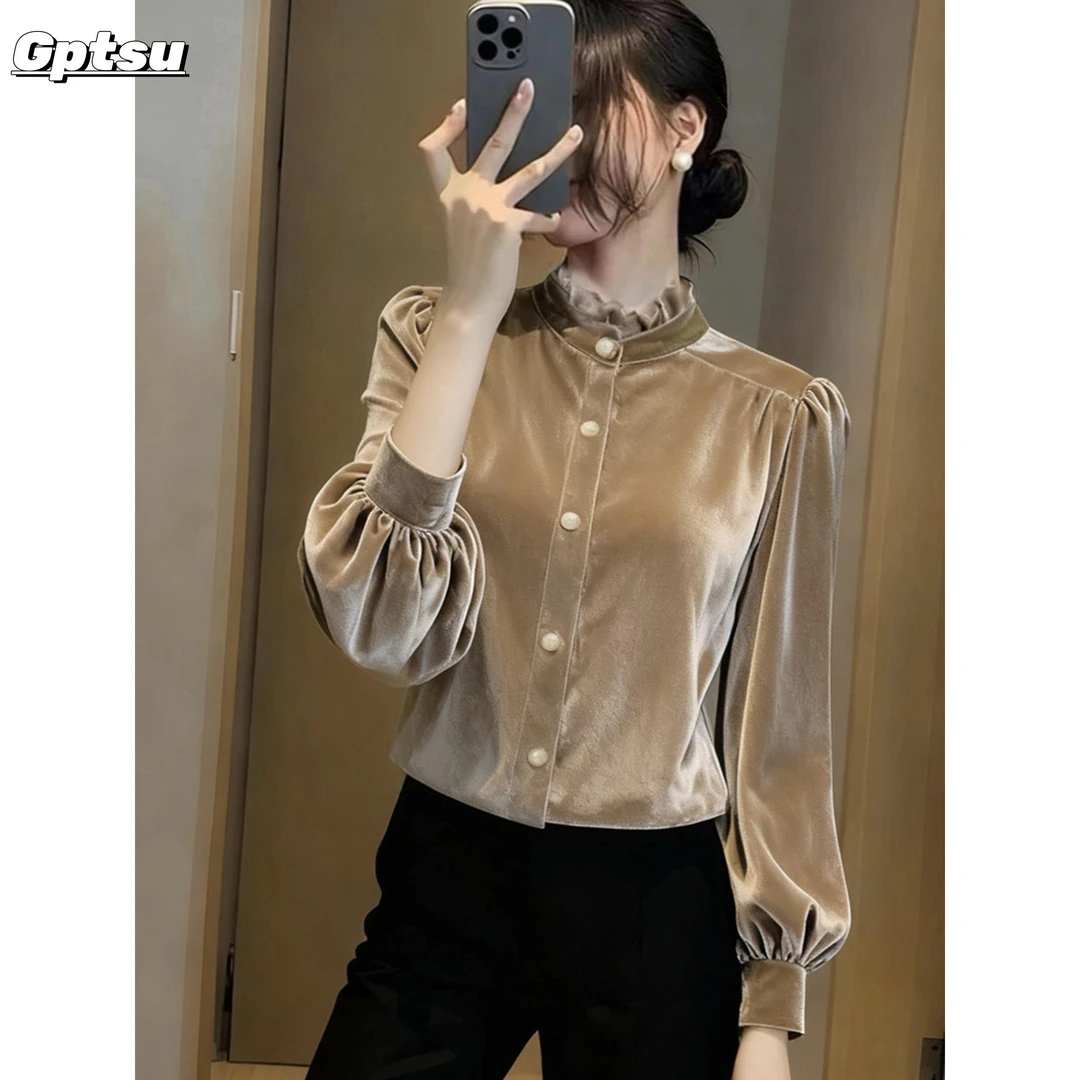 GPTSu别致绝美杏色丝绒立领长袖衬衫女秋冬新款减龄百搭显瘦上衣