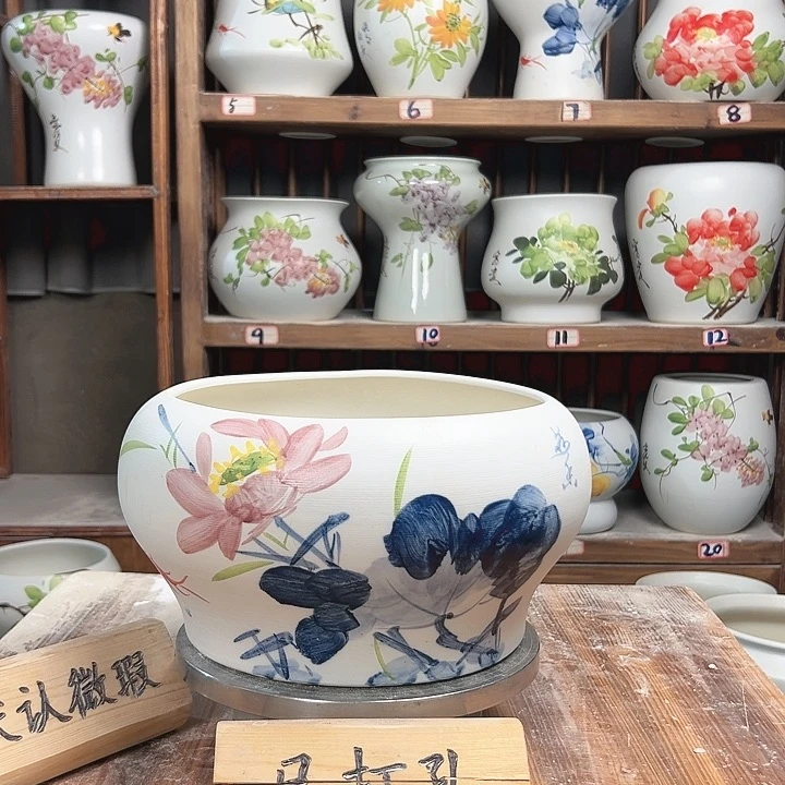 摆件口25青花荷花陶瓷陶瓷