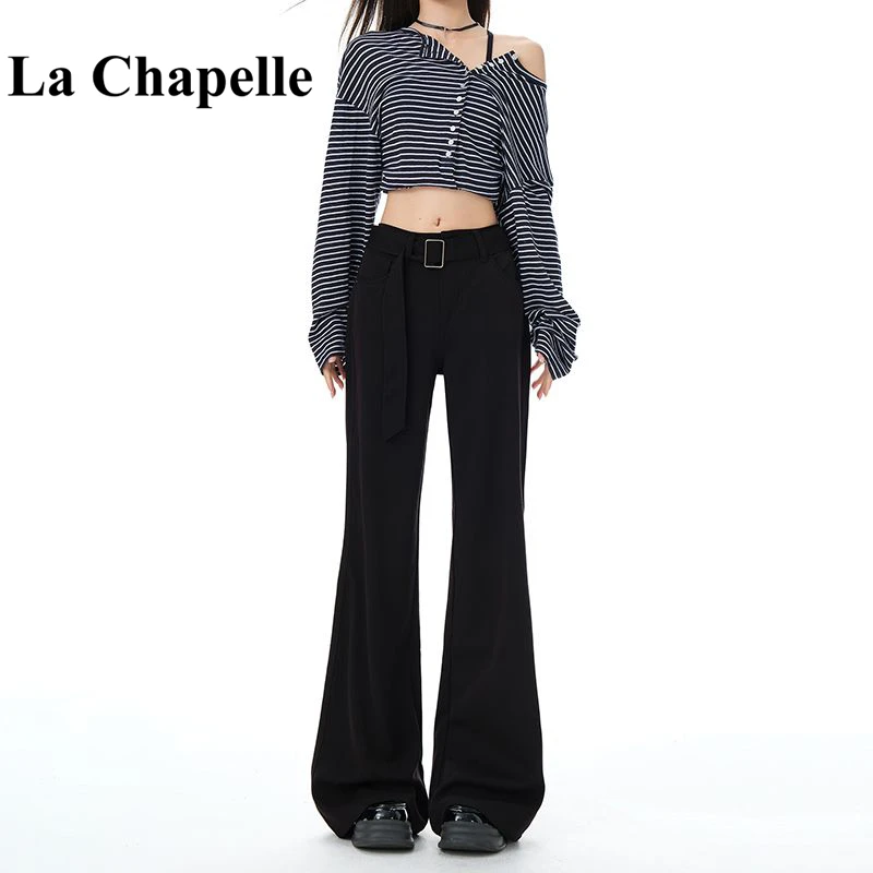 拉夏贝尔黑色微喇牛仔裤女秋季新款梨形身材小个子辣妹低腰喇叭裤