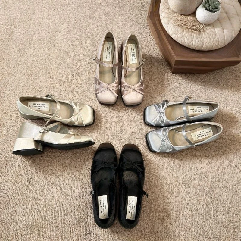 【顺丰包邮】缎面蝴蝶结方头玛丽珍跟鞋百搭中低跟一字带系扣单鞋女