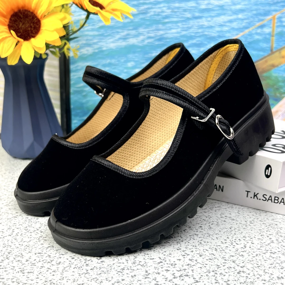 透气玛丽珍防滑一字扣小个子厚底中老年高跟女鞋宽松软底妈妈