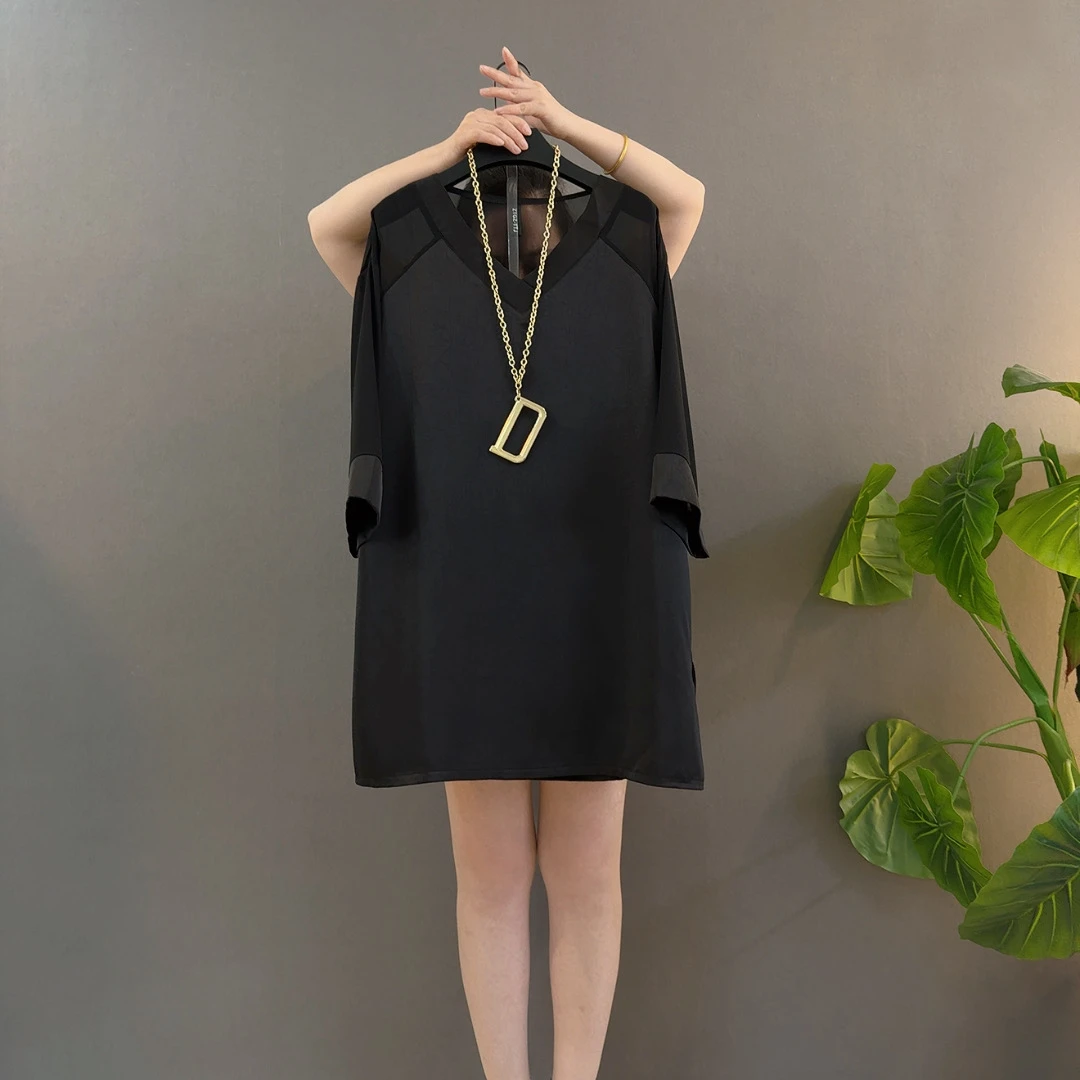 夏季新款时尚洋气宽松遮肉显瘦大码黑色雪纺衫