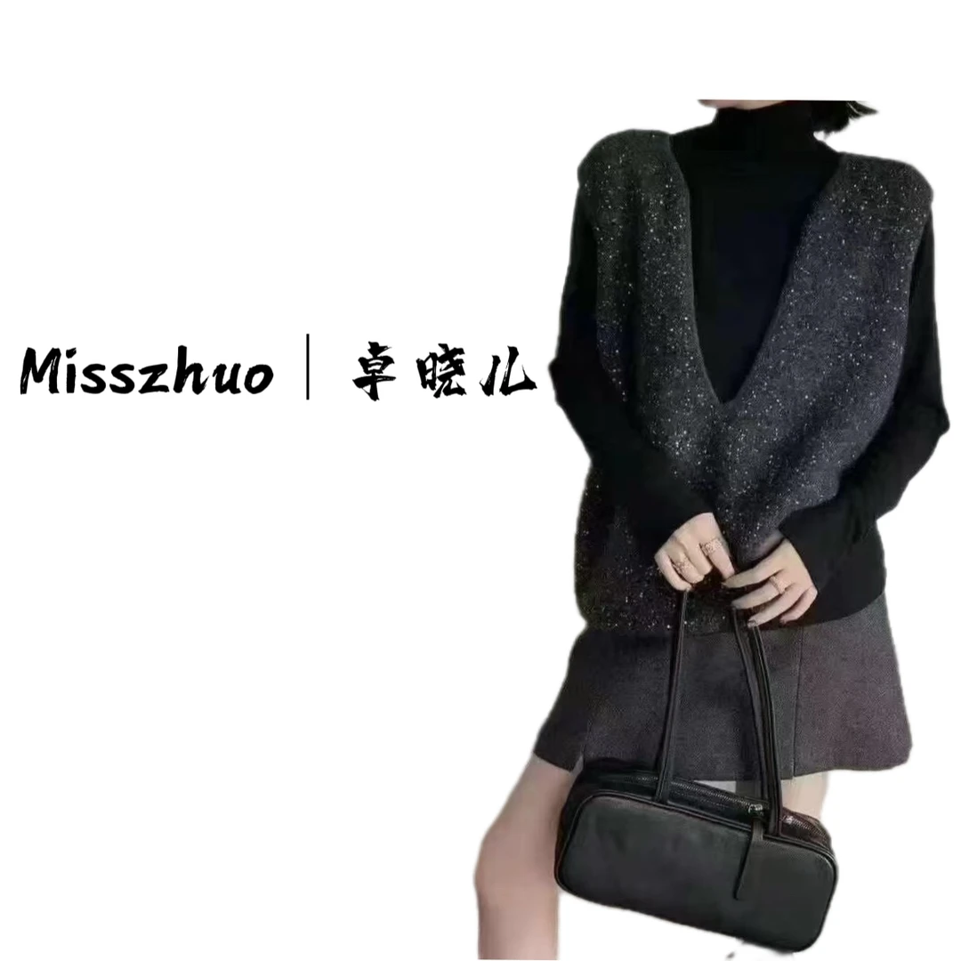 Miss zhuo｜卓晓儿 亮闪毛衣马甲套装显瘦时尚复古宽松背心