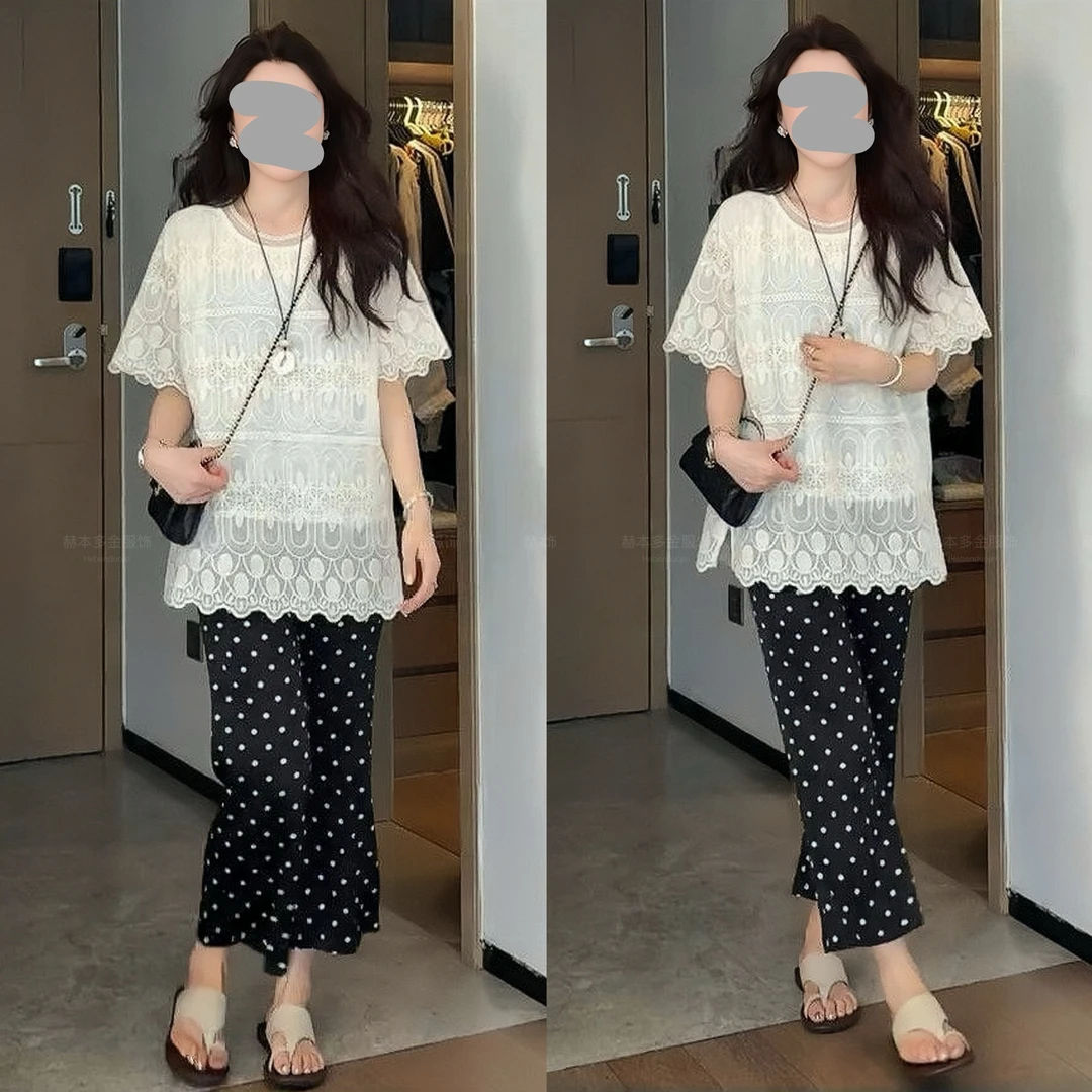 2025夏季洋气宽松套头蕾丝短袖小衫上衣显瘦波点微喇裤休闲套装女