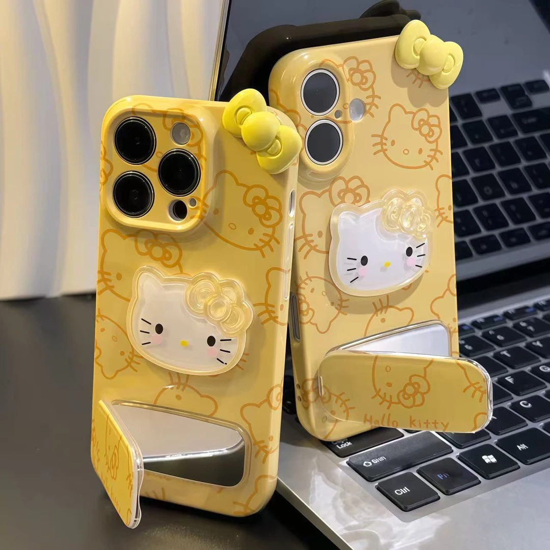 ins线条黄Kitty贴件适用苹果16支架手机壳15华为vivo小米14oppo套