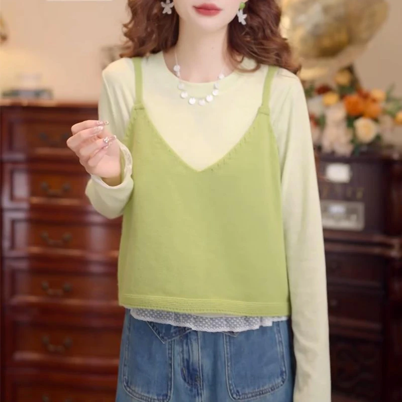 【抹茶可露丽】2025秋季新款针织背心T恤叠穿时尚两件套高级感女装