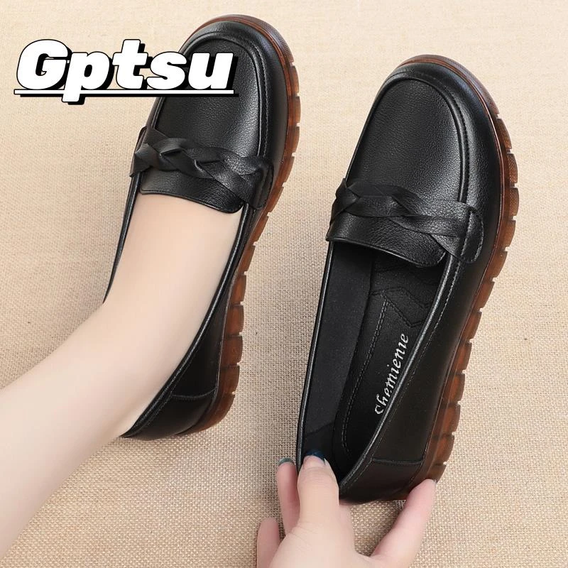 GPTSu软底舒适中年妈妈鞋春秋季新款防滑老人奶奶鞋皮鞋单鞋女士