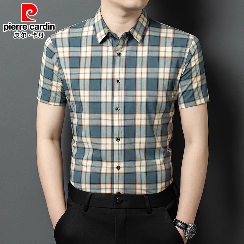 皮尔卡丹男士格子短袖衬衫正品夏季薄款免烫抗皱透气中年高档衬衣