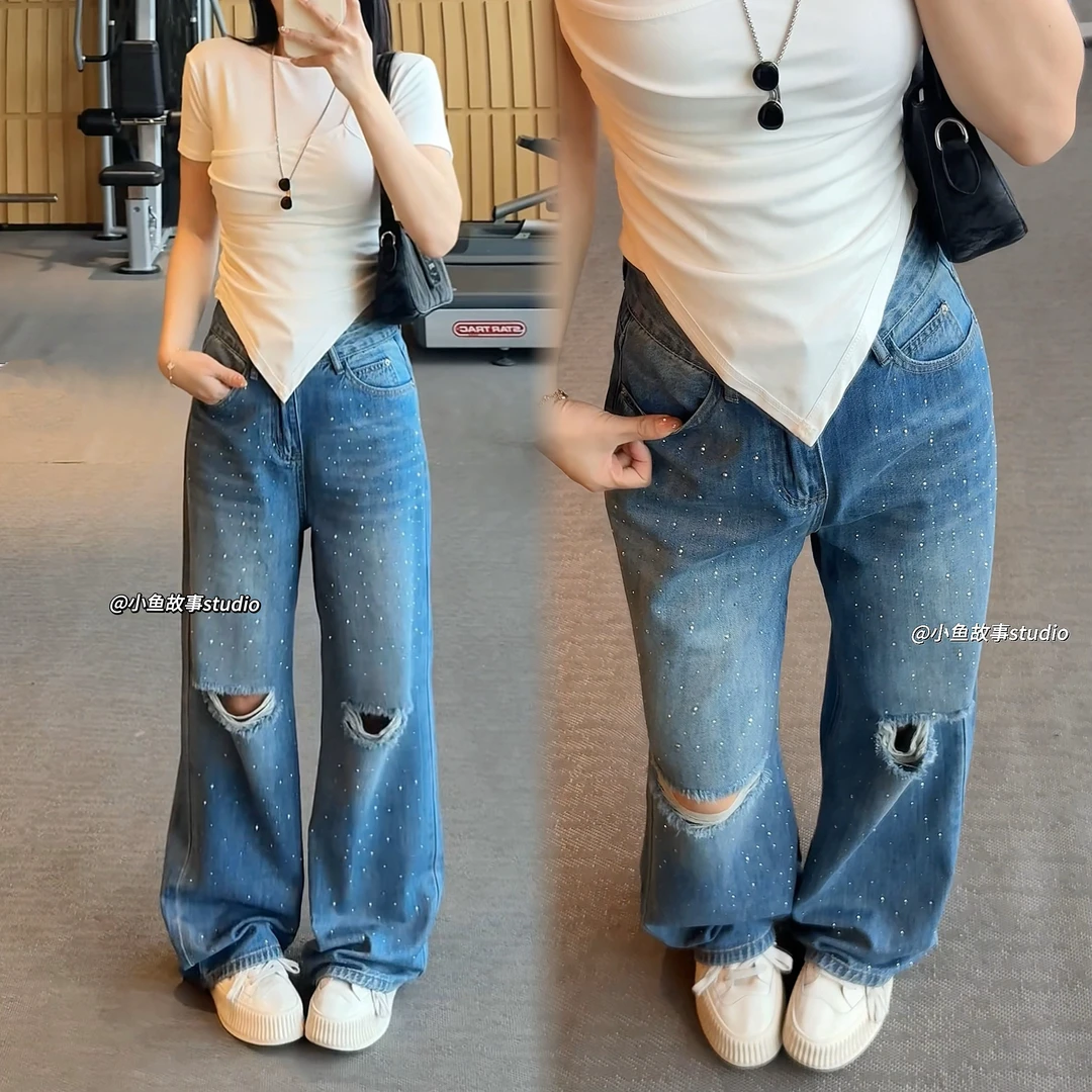 小鱼故事 夏季薄款烫钻破洞直筒阔腿裤高腰显瘦百搭设计感拖地裤