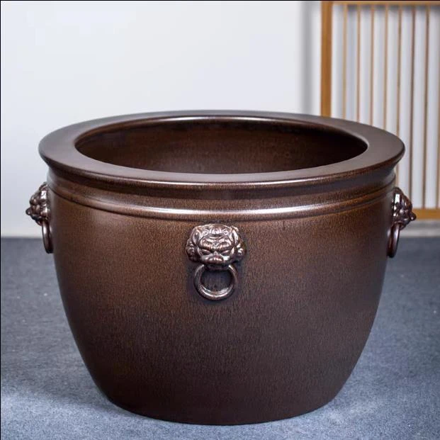 景德镇陶瓷大缸翡翠绿狮耳养鱼水缸仿古招财睡莲荷花盆庭院种树缸