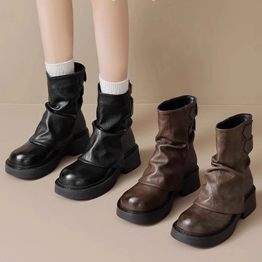 粗跟厚底马丁靴女2024春秋季新款复古皮带扣裤管靴休闲百搭小短靴