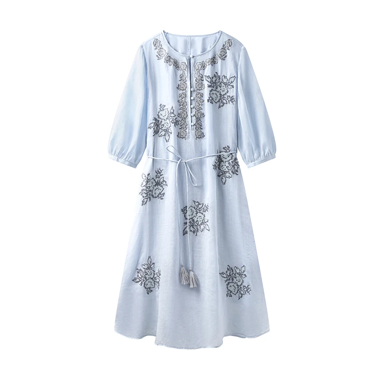 100%苎麻重工十字绣夏复古飘逸连衣裙 CYC51056L