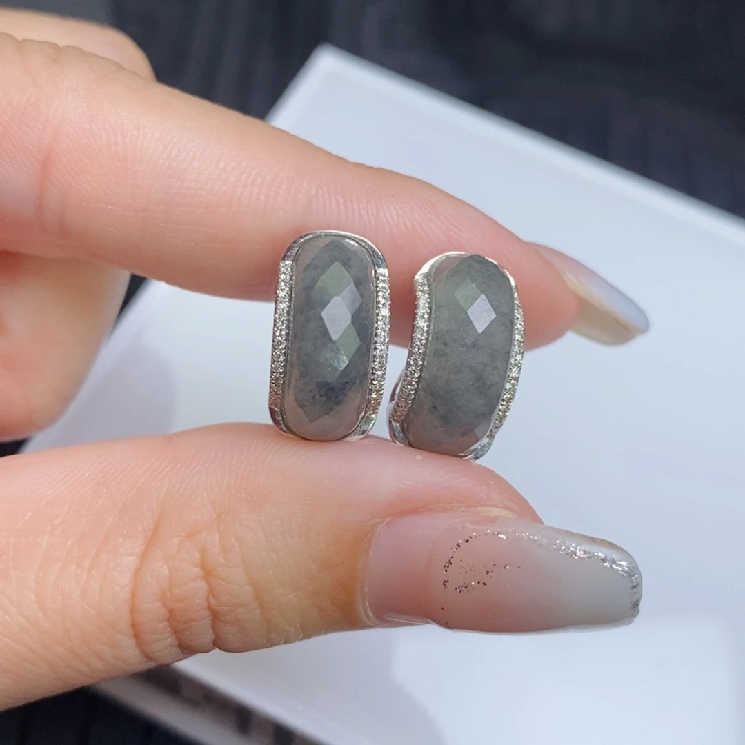 翡翠18K金镶嵌耳饰冰乌鸡切割面圈圈