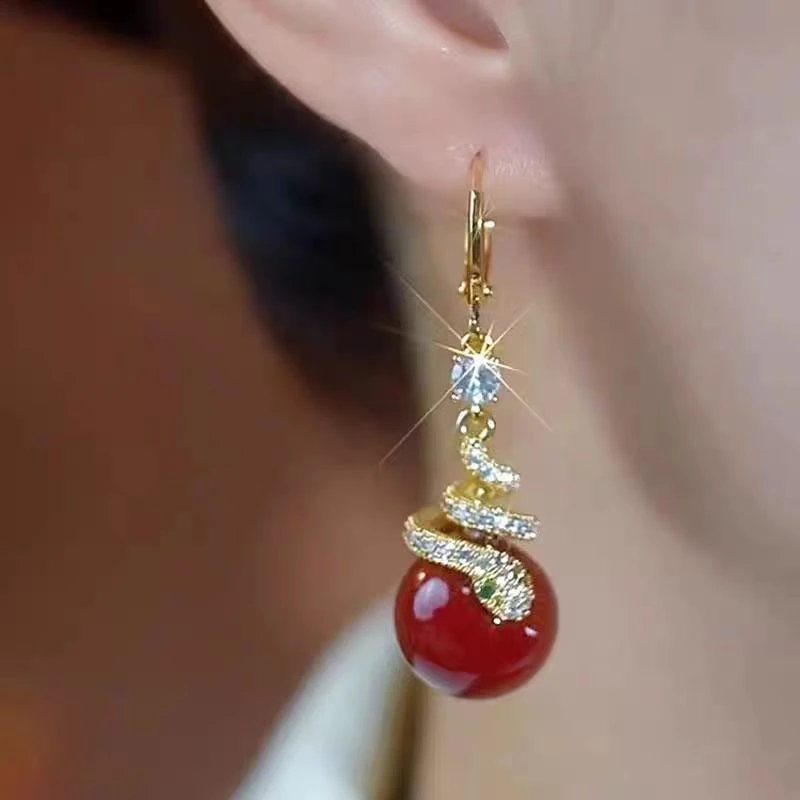 铜合金耳饰 【587】复古高级感红色珠珠耳钉轻奢时尚气质百搭耳饰