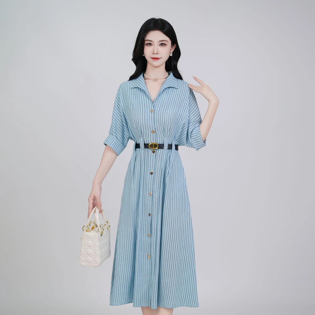 2025夏季时尚气质显瘦轻奢短袖连衣裙法式收腰长裙女
