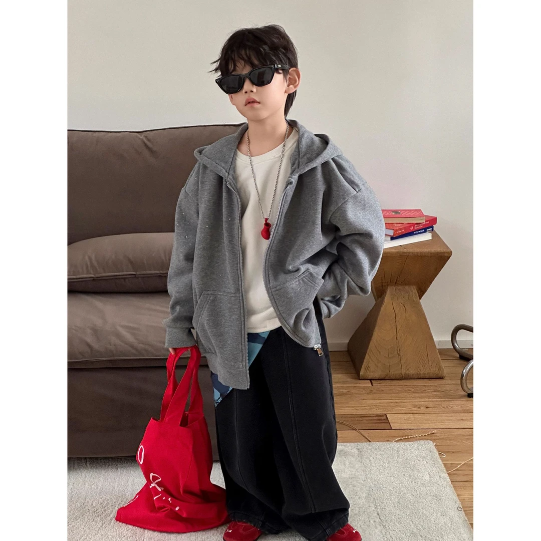 in 爱:qm25冬季男童加绒连帽外套儿童潮牌宽松保暖撒银帽衫25391