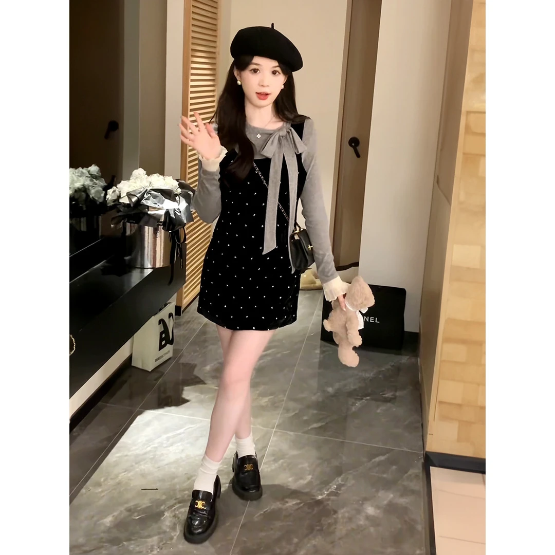 法式复古小香风甜美背心连衣裙女秋冬设计感叠穿打底上衣两件套装