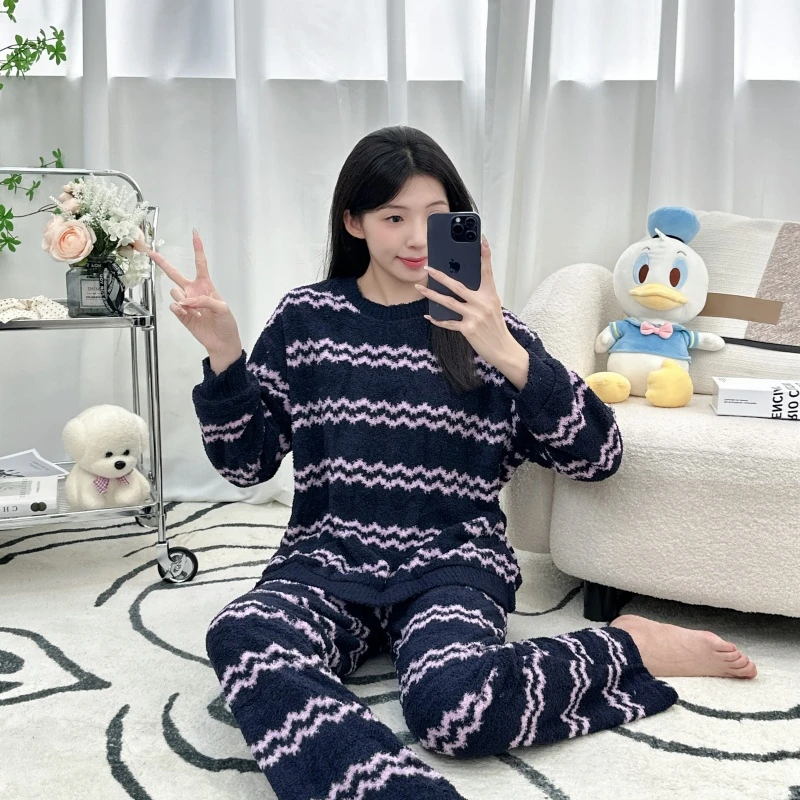 新爆款睡衣女冬季绒款条纹套头保暖加厚可外穿家居服套装休闲裤子