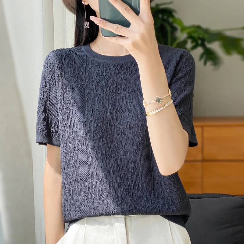 重工提花！立体浮雕！新款女士纯色冰丝短袖