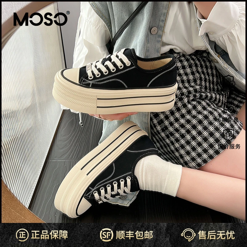 MOSO厚底帆布鞋女鞋子女ins潮牌百搭百搭圆头低帮松糕板鞋小个子
