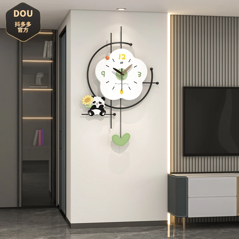 创意熊猫挂钟客厅高级感现代简约静音钟表家用装饰时钟挂墙免打孔