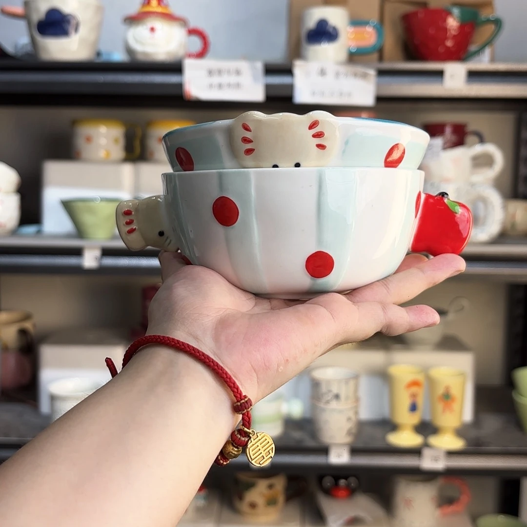 棉麻两个米饭碗一个带耳一个不带