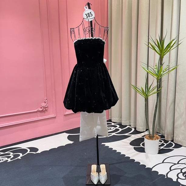 【欧一】高腰抹胸派对大蝴蝶结重工镶钻修身显瘦纯御性感礼服裙