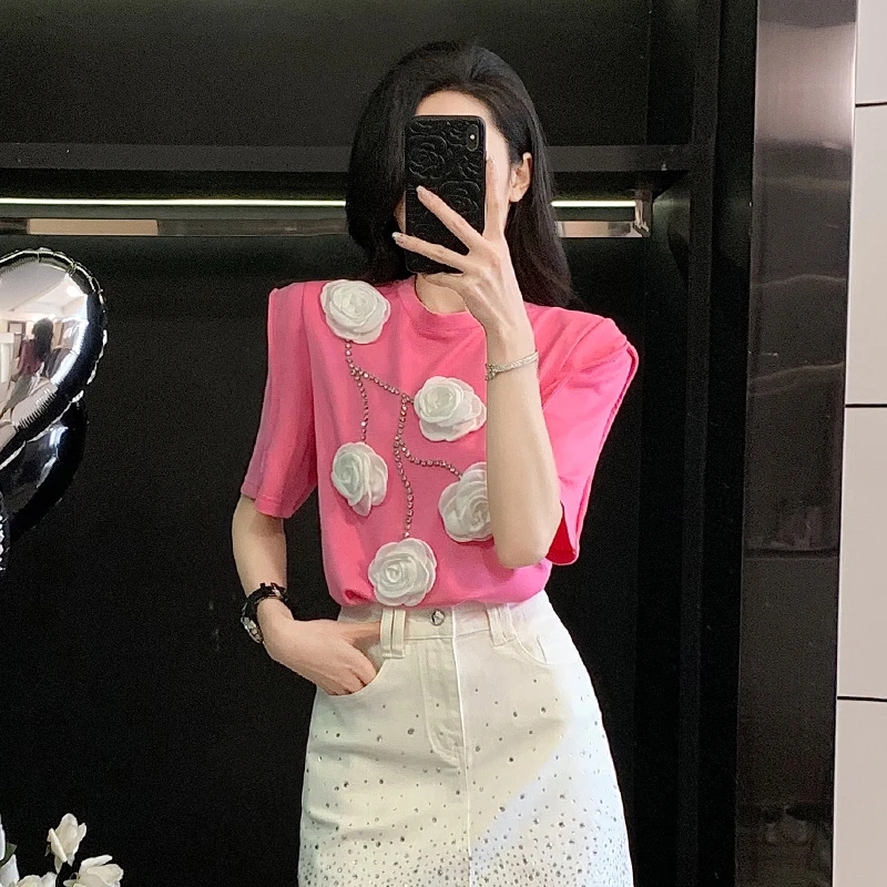 重工花朵镶钻圆领T恤2025春夏韩版宽松显瘦纯色休闲宽松短袖上衣