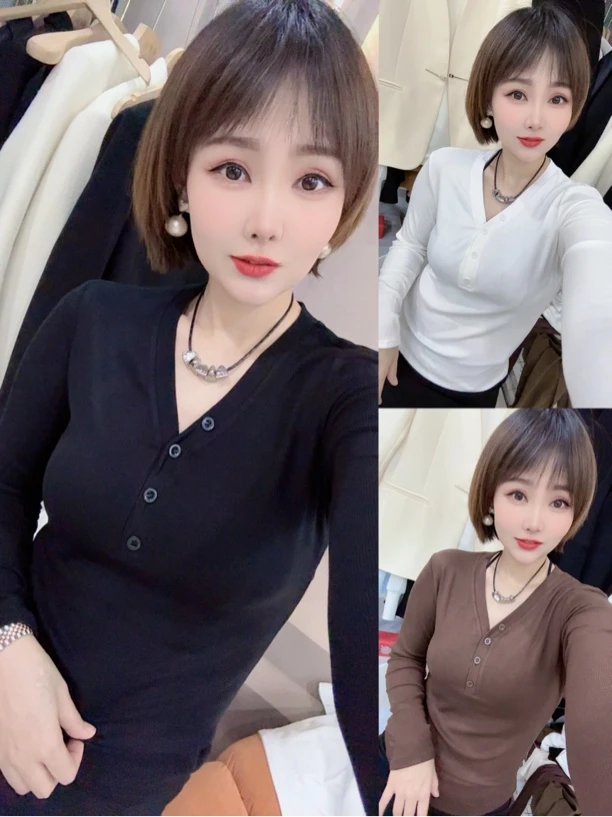 V领螺纹棉女神风打底衫（下单1-3天左右发货