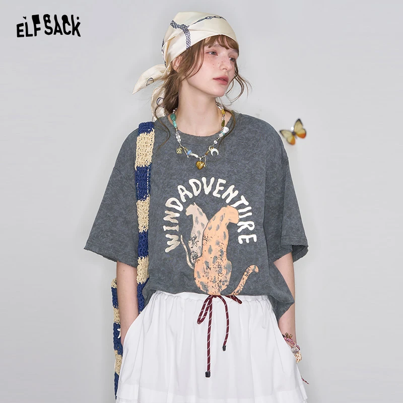 妖精的口袋字母卡通印花短袖t恤2025春宽松休闲显瘦上衣25105124