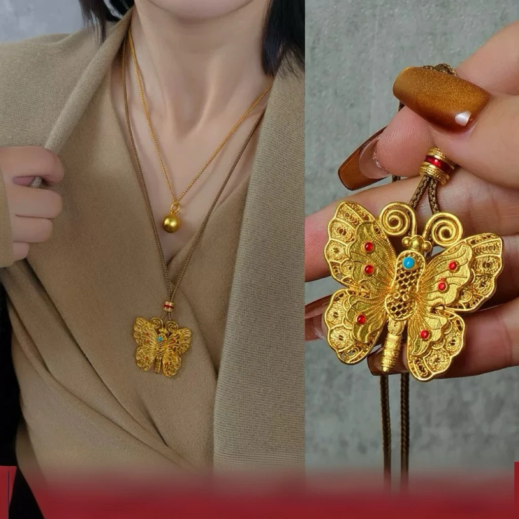 钛钢布艺项链 615镀k金韦雪同款蝴蝶项链琳琅花丝蝴蝶吊坠锁骨链