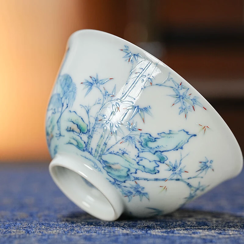 【陶瓷研究院合作品牌】六逸堂青花斗彩竹鹤杯纯手工主人杯lyt35
