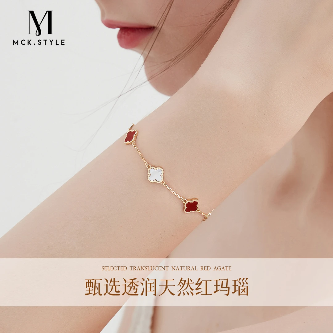 S925银四叶草手链女2025新款爆款高级感小众气质红色玛瑙手饰闺蜜