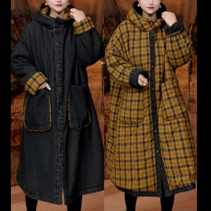 冬季新款俩面穿牛仔连帽棉衣宽松复古中长款加厚保暖拼接