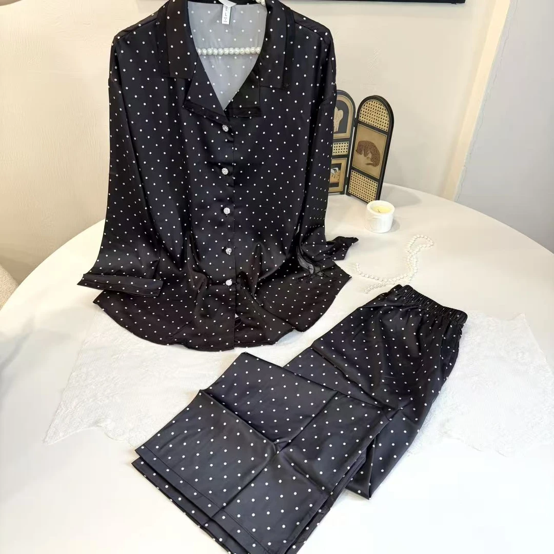 《波点蝴蝶》黑色家居服套装薄款波点长袖秋季长款宽松睡衣法式