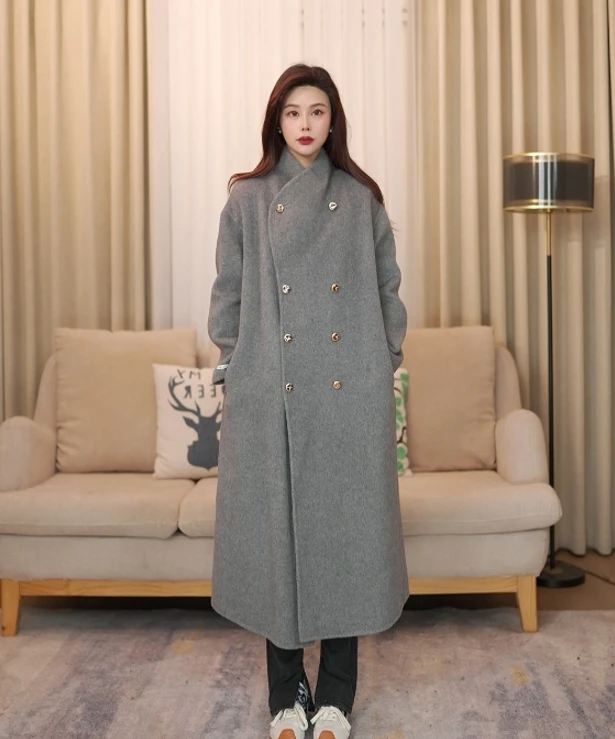 秋冬韩版时尚气质型百搭长款双面羊毛大衣金八粒扣