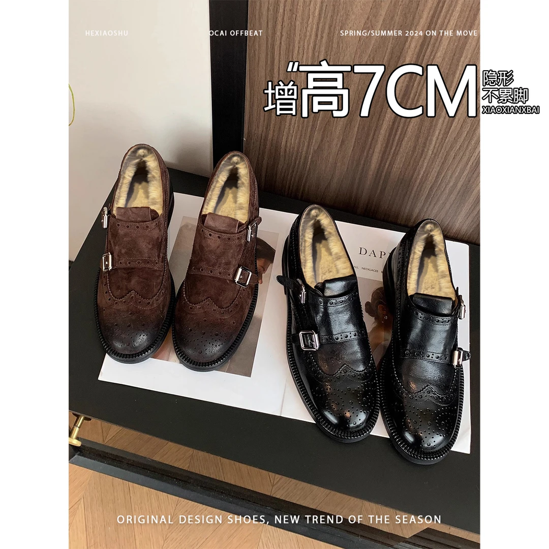 牛皮版复古加绒保暖粗跟内增高乐福鞋棉鞋女2025新款英伦风小皮鞋