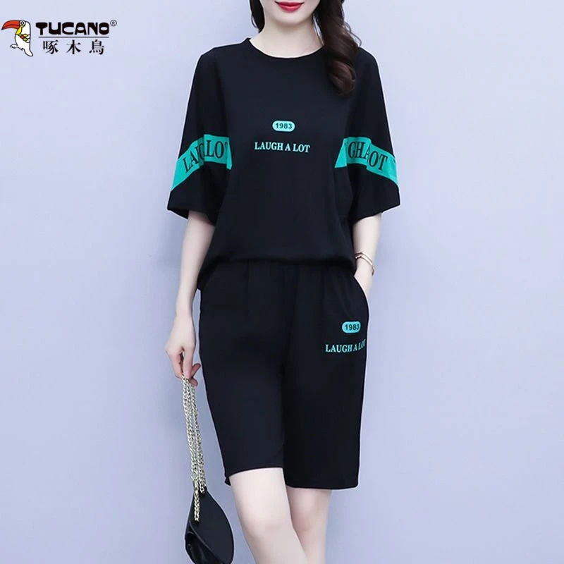 啄木鸟女装休闲运动服套装胖妹妹新款显瘦时尚短袖短裤两件套潮流