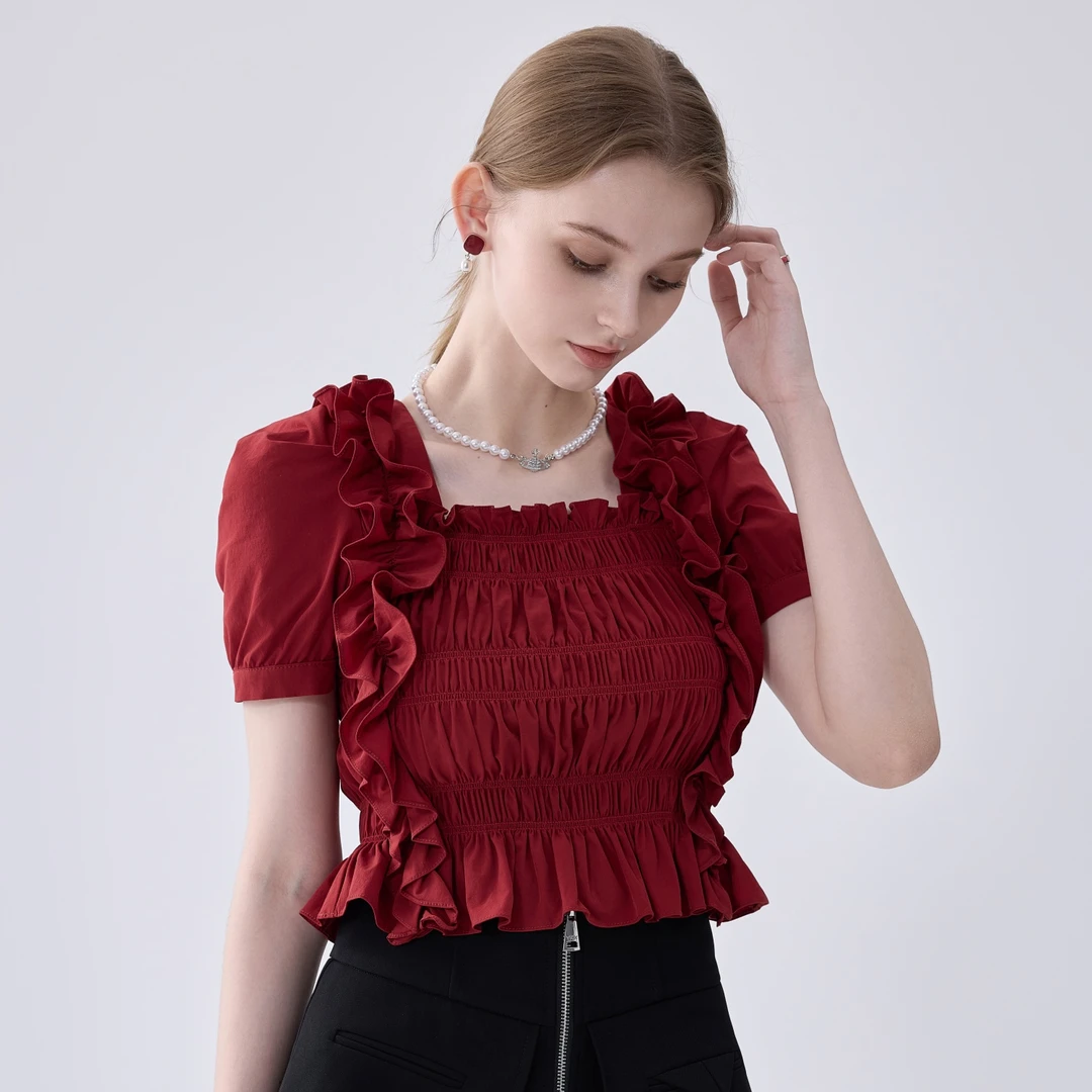 琳心丨春夏新款小众收腰显瘦木耳边泡泡袖短款一字肩衬衣 4835