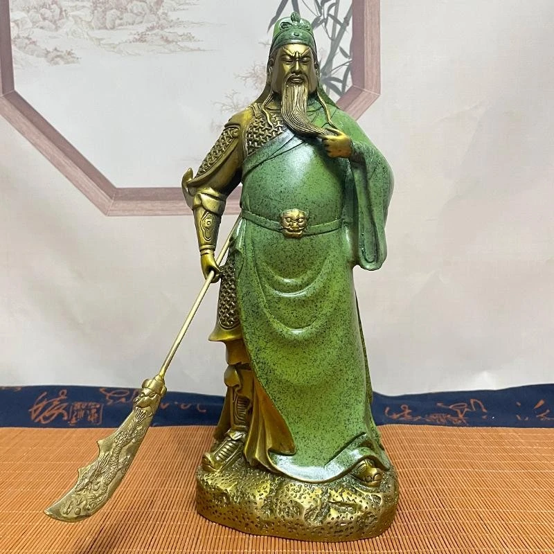 纯铜绿袍关公神像武圣铜像摆件黄铜武财神关羽客厅开业关二爷