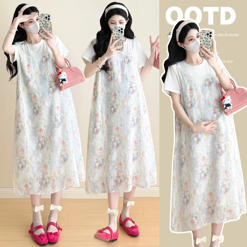 2025孕妇装夏季休闲时尚百搭假两件显瘦减龄孕妇连衣裙中长款